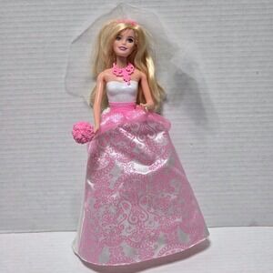 Barbie Bride Doll CFF37 Mattel White Pink Wedding‎ Dress Veil Bouquet Fairytale